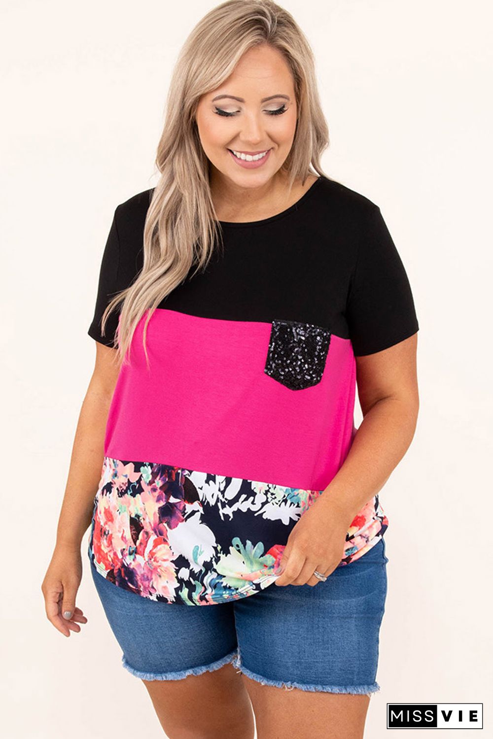 Black Floral Color Block Sequin Pocket Plus Size Tee