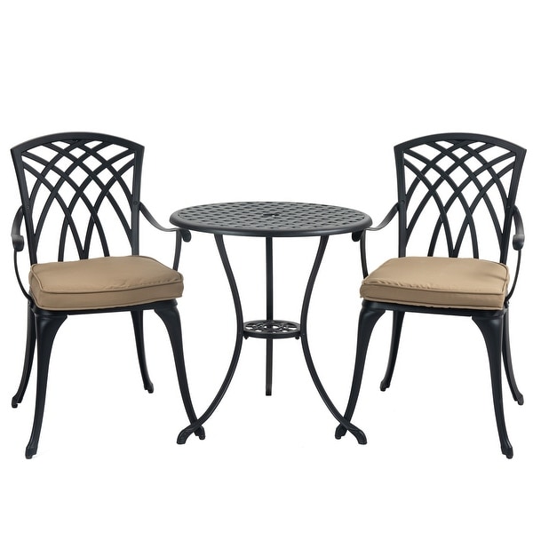 3 Piece Bistro Table Set Cast Aluminum Outdoor Patio Furniture with Umbrella Hole and Grey Cushions for Patio Balcony，Black