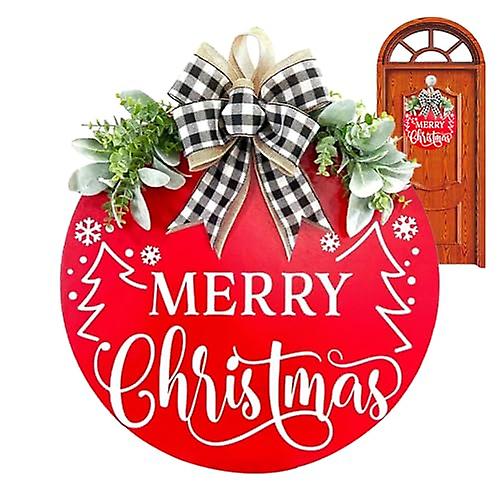 Merry Christmas Door Sign - Wooden Christmas Wreath with Buffalo Plaid Bow，Anti-Fade Bright Welcome