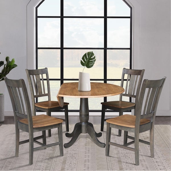 42 in. Round Dual Drop Leaf Dining Table with 4 Splatback Chairs - 5 Piece Set - Hickory/Washed Coal