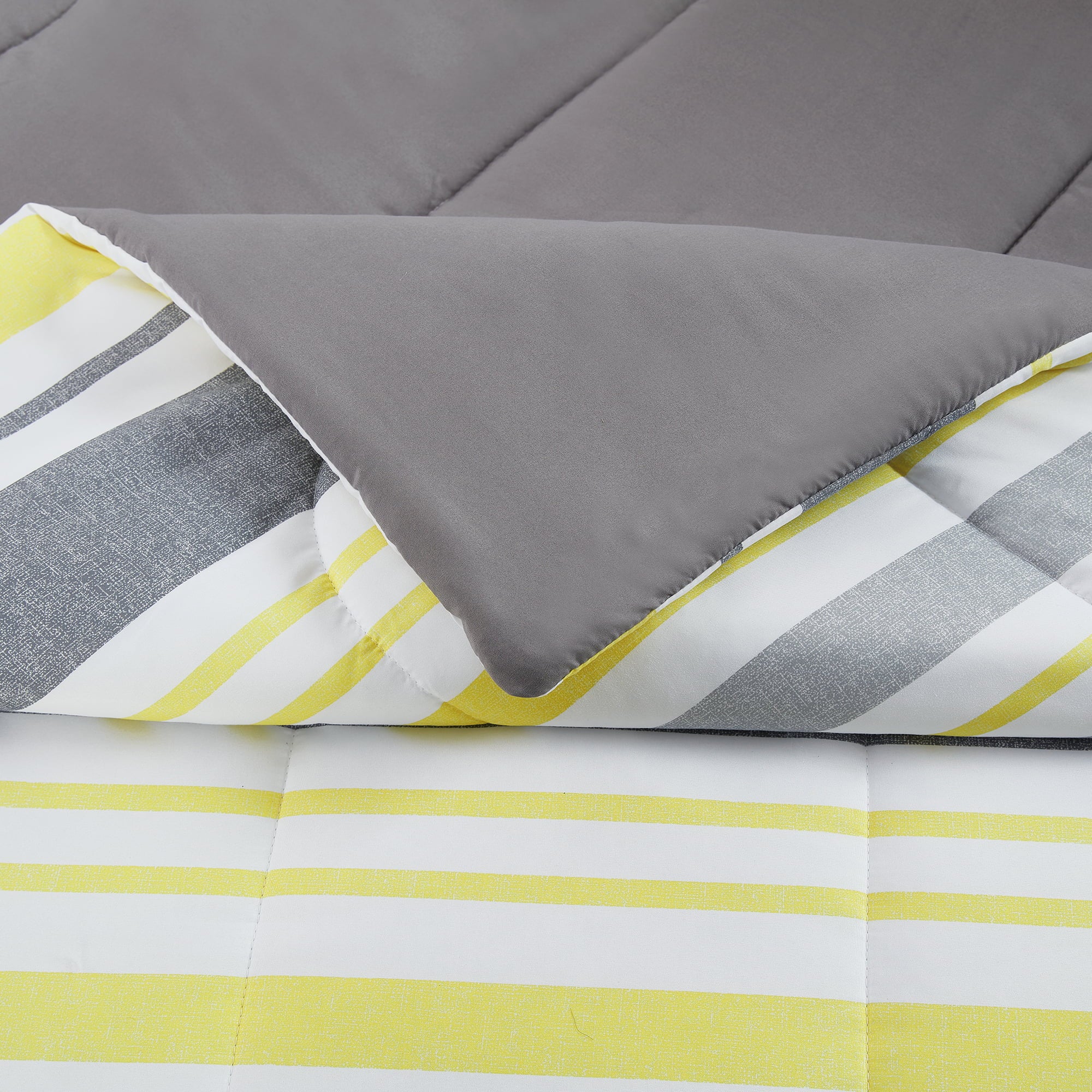 Mainstays Grey and Yellow Stripe 8 Piece Bed in a Bag Comforter Set with Sheets， Queen