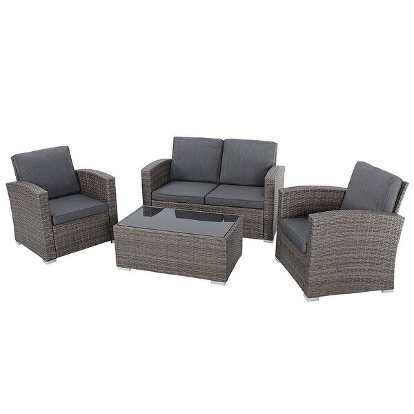 4 Person Patio Rattan Conversation Set with Grey Cushions Outdoor Tempered Glass Table