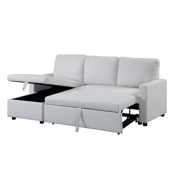 White Fabric Wooden Sleeper Sectional Sofa with Storage， Loveseat with Pull-Out Bed， Reversible， Plastic Legs