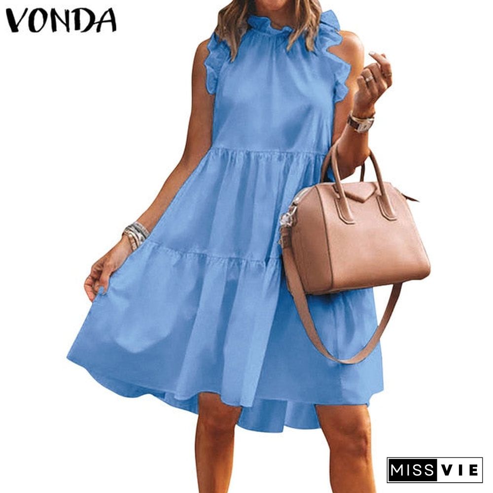 Summer Short Dress Women Sexy Sleeveless Ruffled Dress Beach Holiday Sundress VONDA Bohemian Vestidos Plus Size Robe Femme