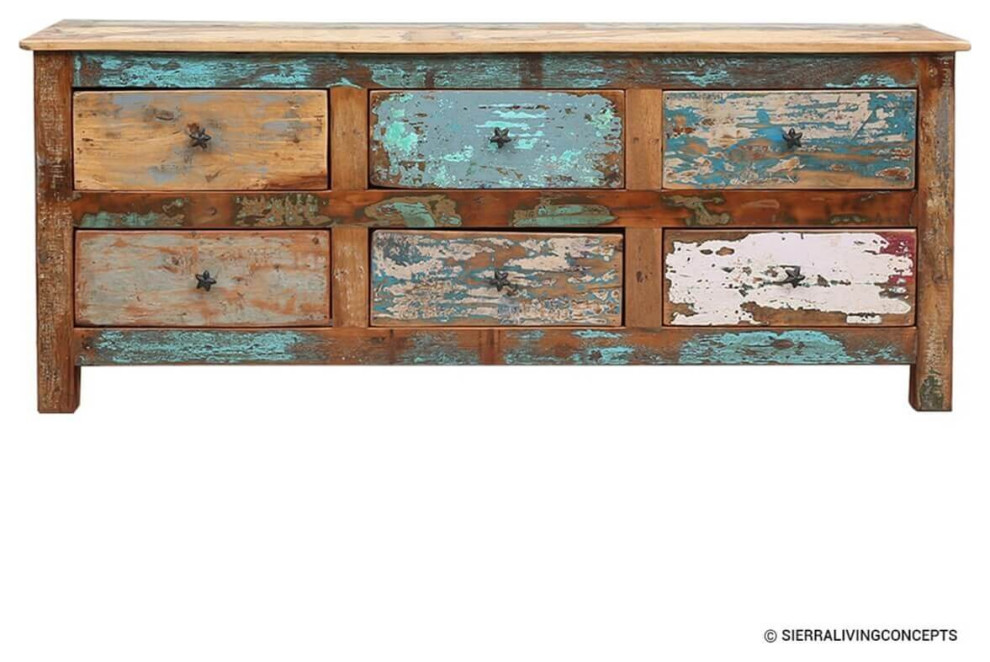 Weyand Distressed Reclaimed Wood 60 quotLarge TV Stand With Drawers   Farmhouse   Entertainment Centers And Tv Stands   by Sierra Living Concepts Inc  Houzz