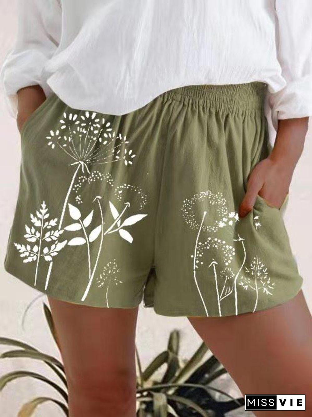 Women Basic Loose Dandelion Printed High-Waist Shorts