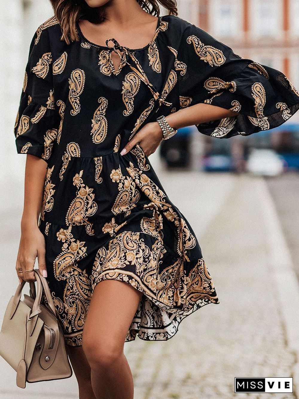 Vintage Printed Summer Ladies Dress Casual V Neck Lace-up Flare Sleeve Mini Dress Women Fashion Office Loose Draped Dresses