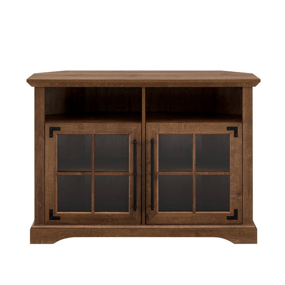 Welwick Designs 44 in. Natural Walnut Wood and Glass Transitional Farmhouse Window Pane Door Corner TV Stand Fits TVs up to 50 in. HD9055