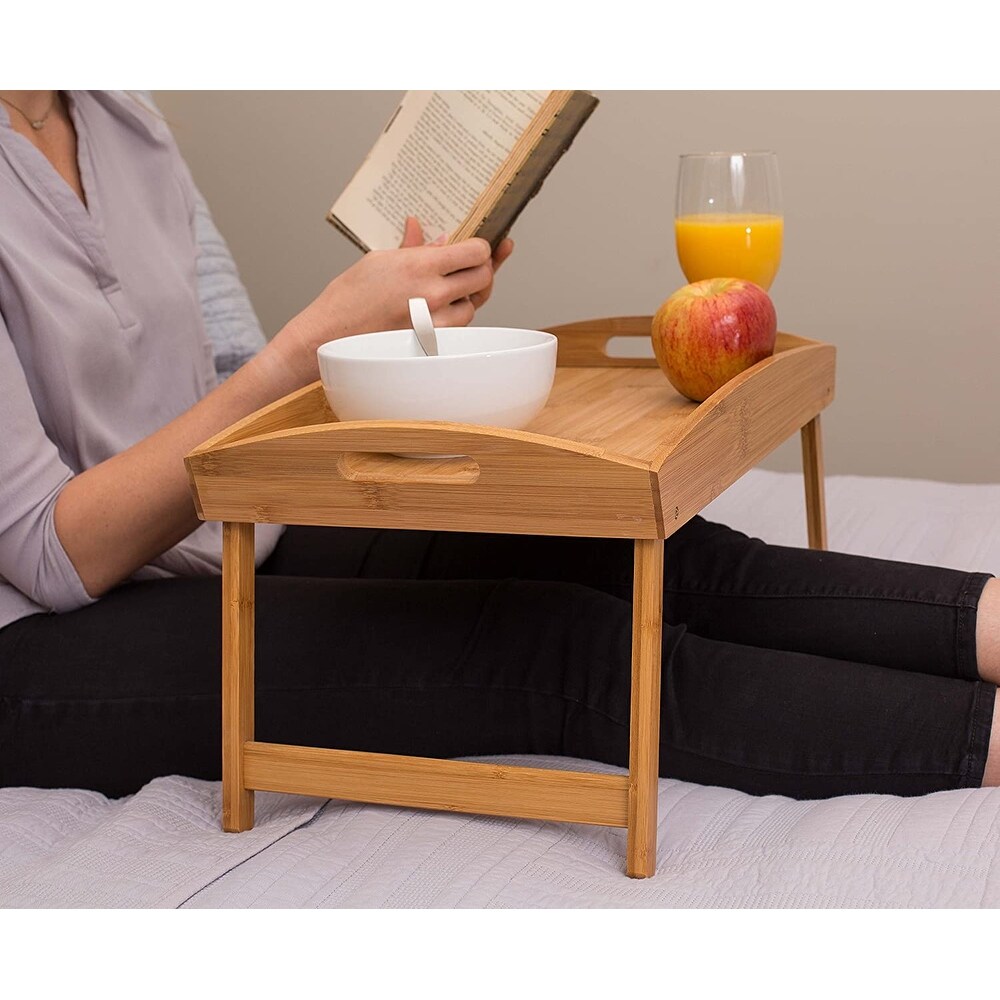 BirdRock Home Bamboo Bed Tray  Wooden Curved Sides Breakfast Serving Tray with Folding Legs  Natural