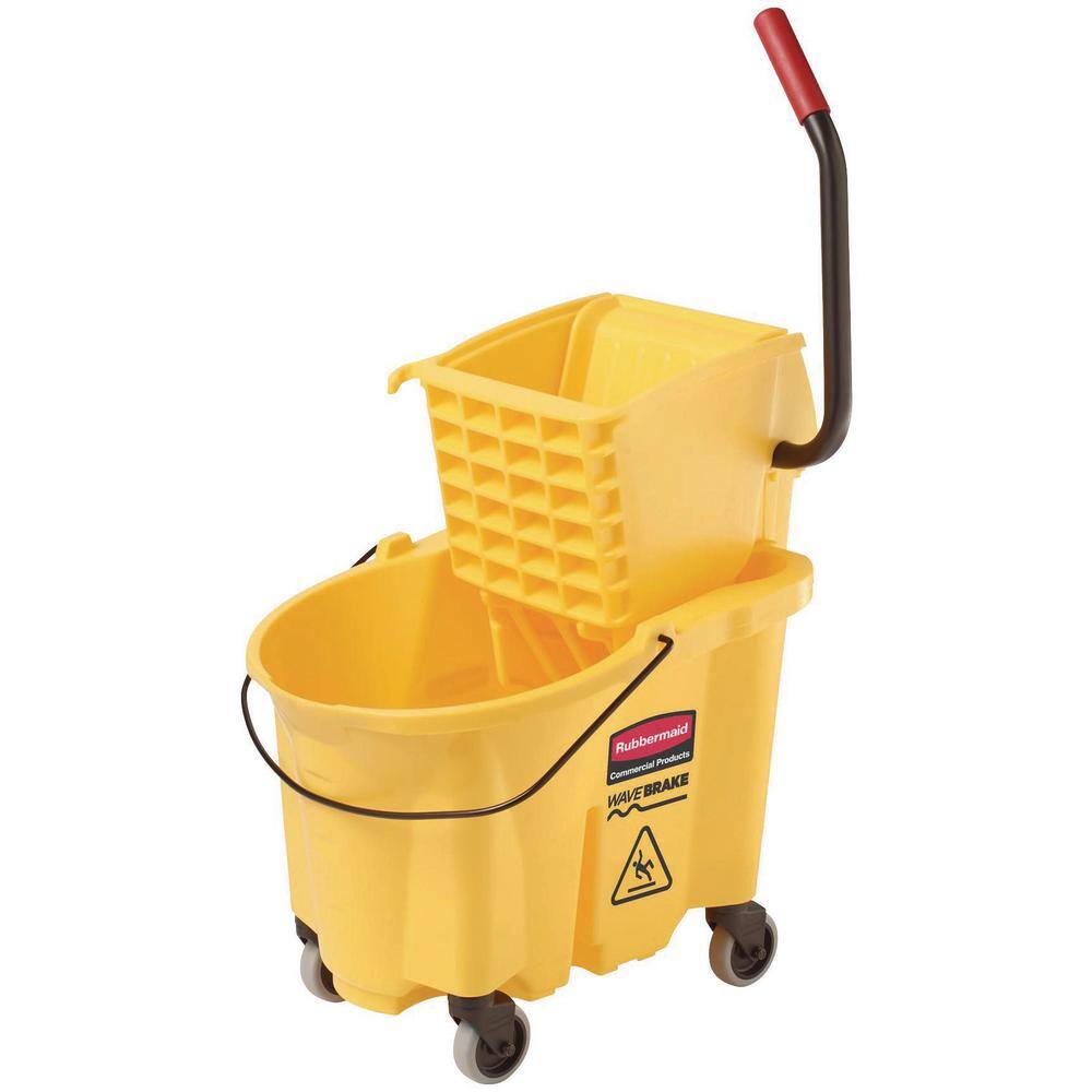 Rubbermaid Commercial Products WaveBrake 35 Qt. 2.0 Side-Press Mop Bucket with Drain Yellow 2064911