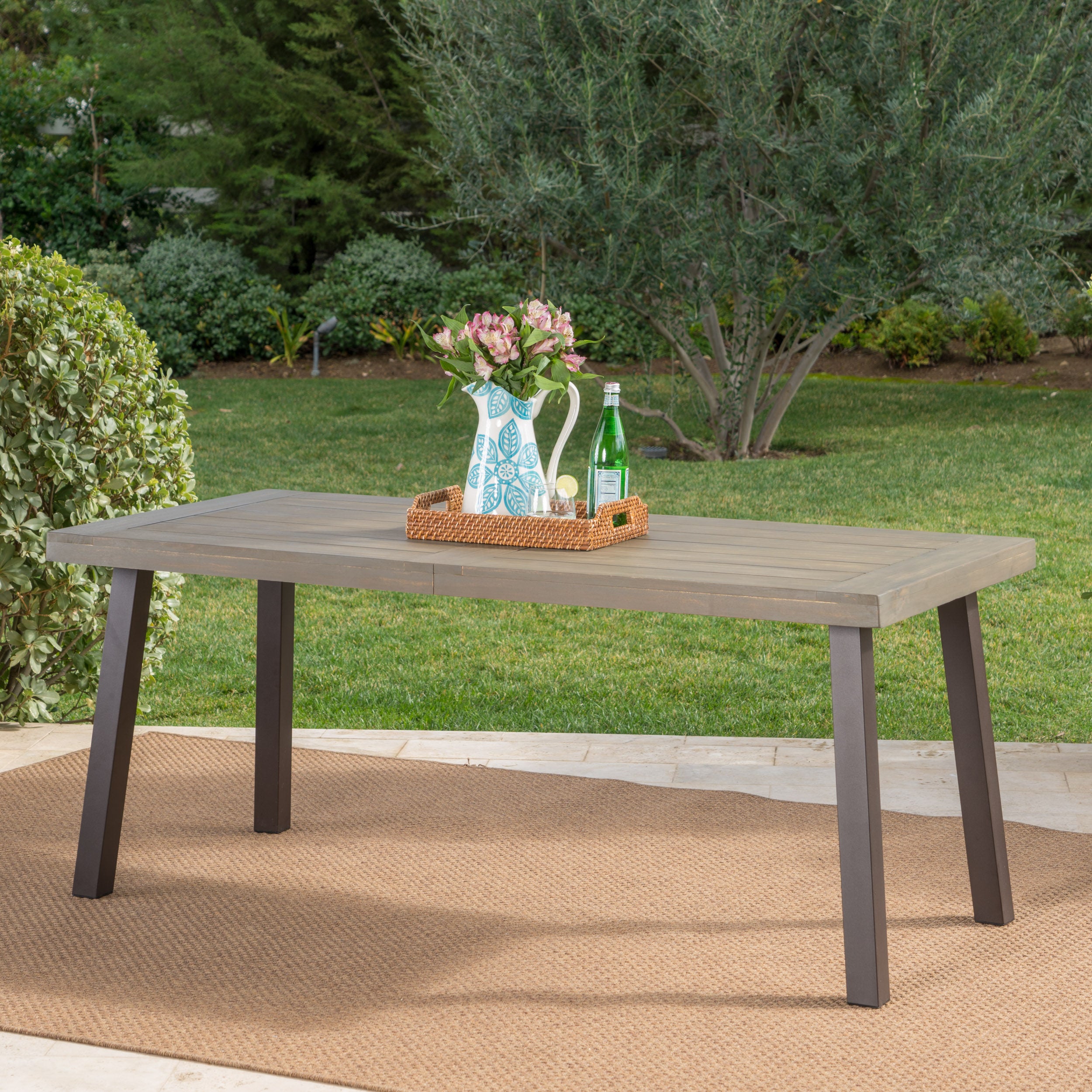 Mika Outdoor Finished Acacia Wood Dining Table with Metal Legs