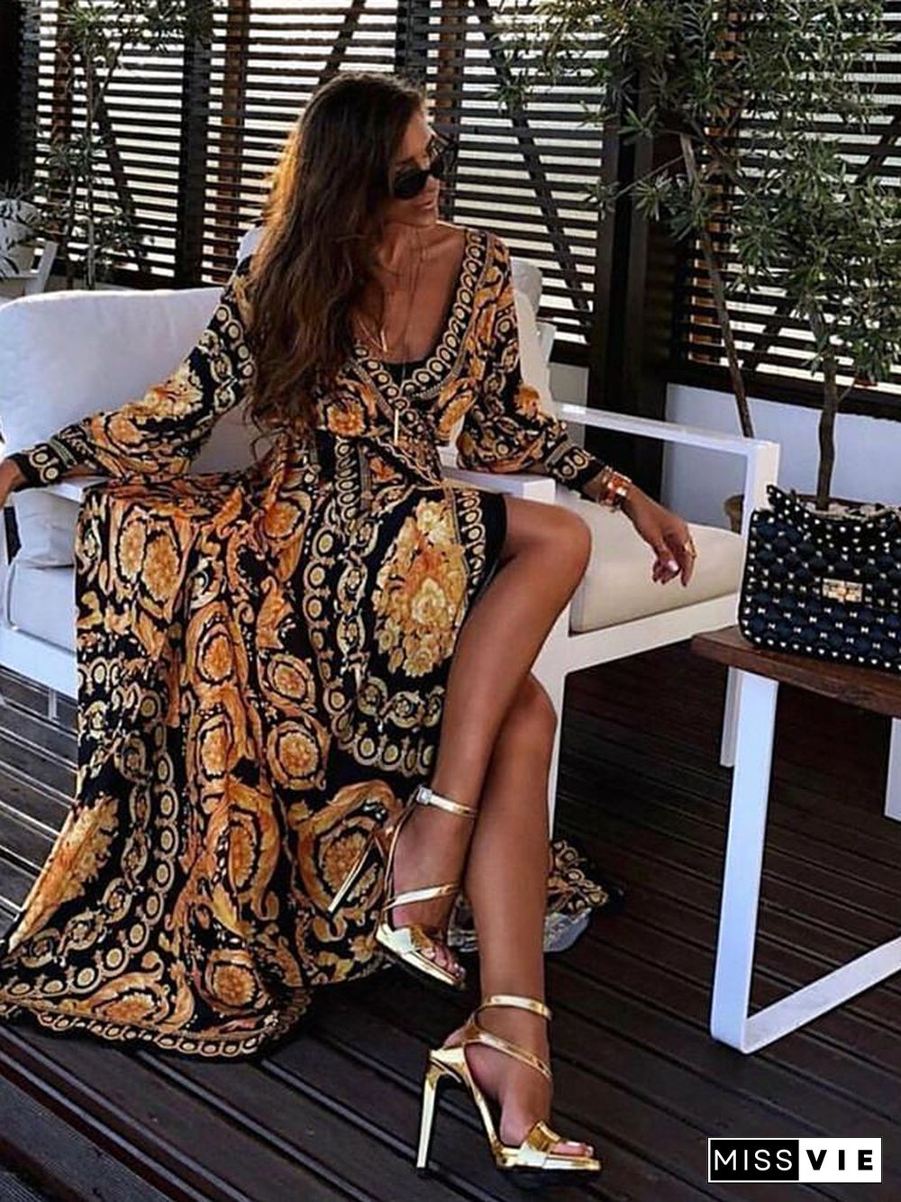 Women's Wrap Dress Maxi long Dress - Long Sleeve Other Print Spring & Summer Deep V Hot Boho Holiday Going out Beach  Yellow S M L XL XXL 3XL / vacation dresses