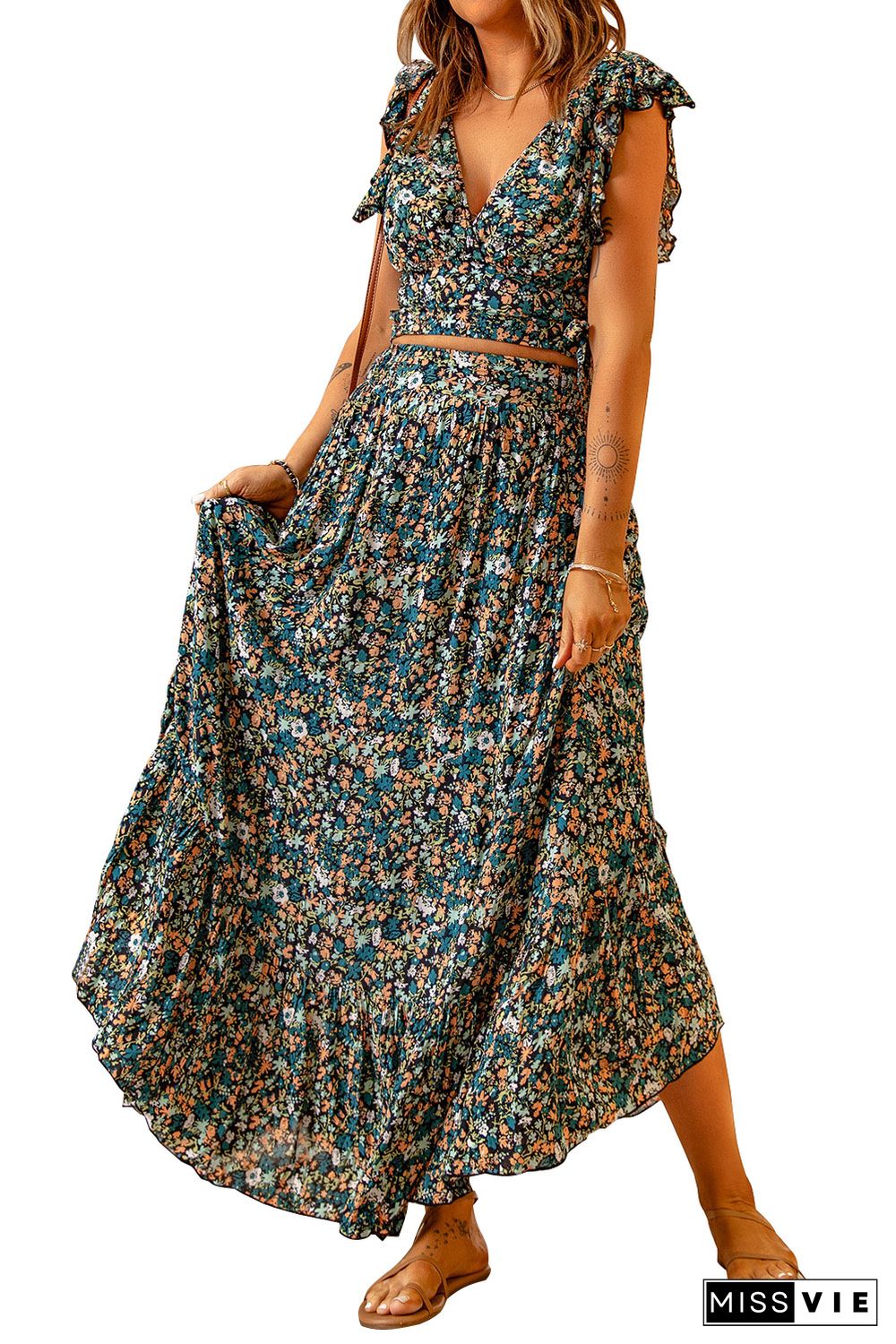 Multicolor Floral Ruffled Crop Top and Maxi Skirt Set