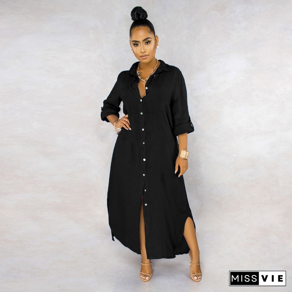 Autumn Long Sleeve Button Lapel Shirt Maxi Dress