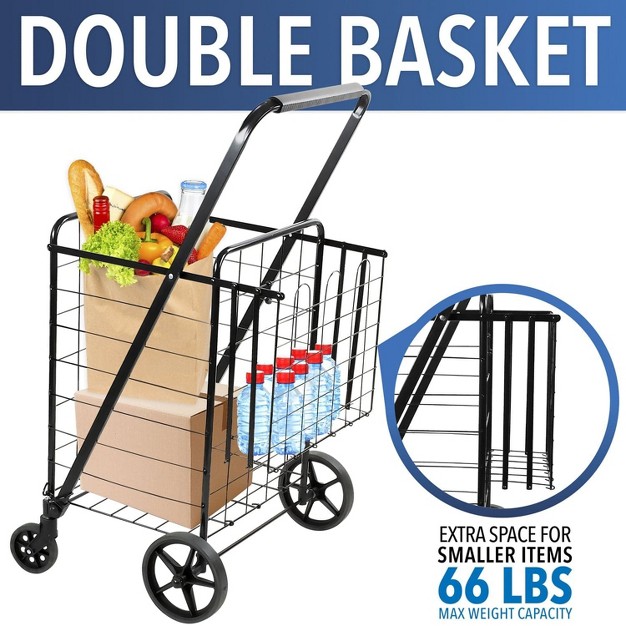 Mount it Rolling Utility Shopping Cart For Groceries And Other Supplies Portable Grocery Cart With Double Baskets And Dual Swiveling Wheels