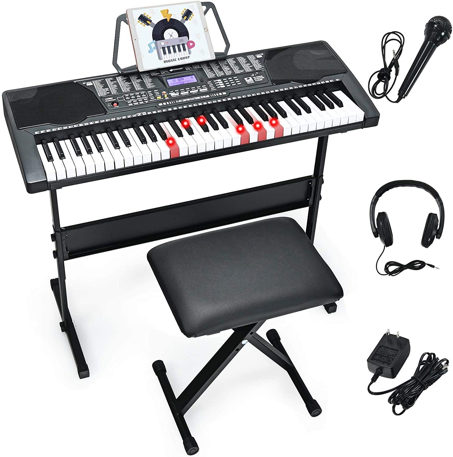 Costzon 61-Key Electronic Keyboard Piano w/Lighted Keys, Built-in Speakers, Recorder, 255 Timbres/Rhythms, 3 Teaching Modes (Black)