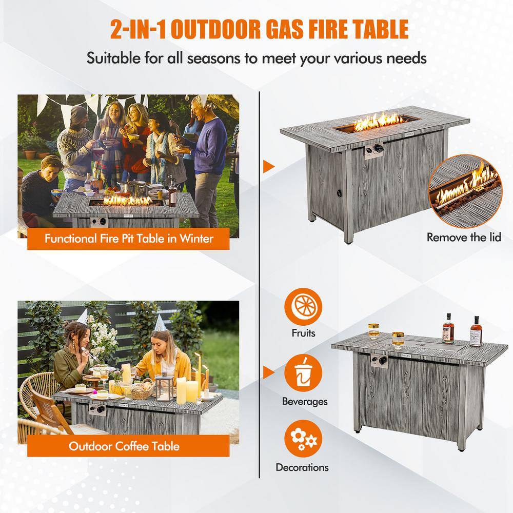 Costway 43 in. Propane Gas Fire Pit Table Wood-like Metal Fire Table with Protective Cover NP10795GR