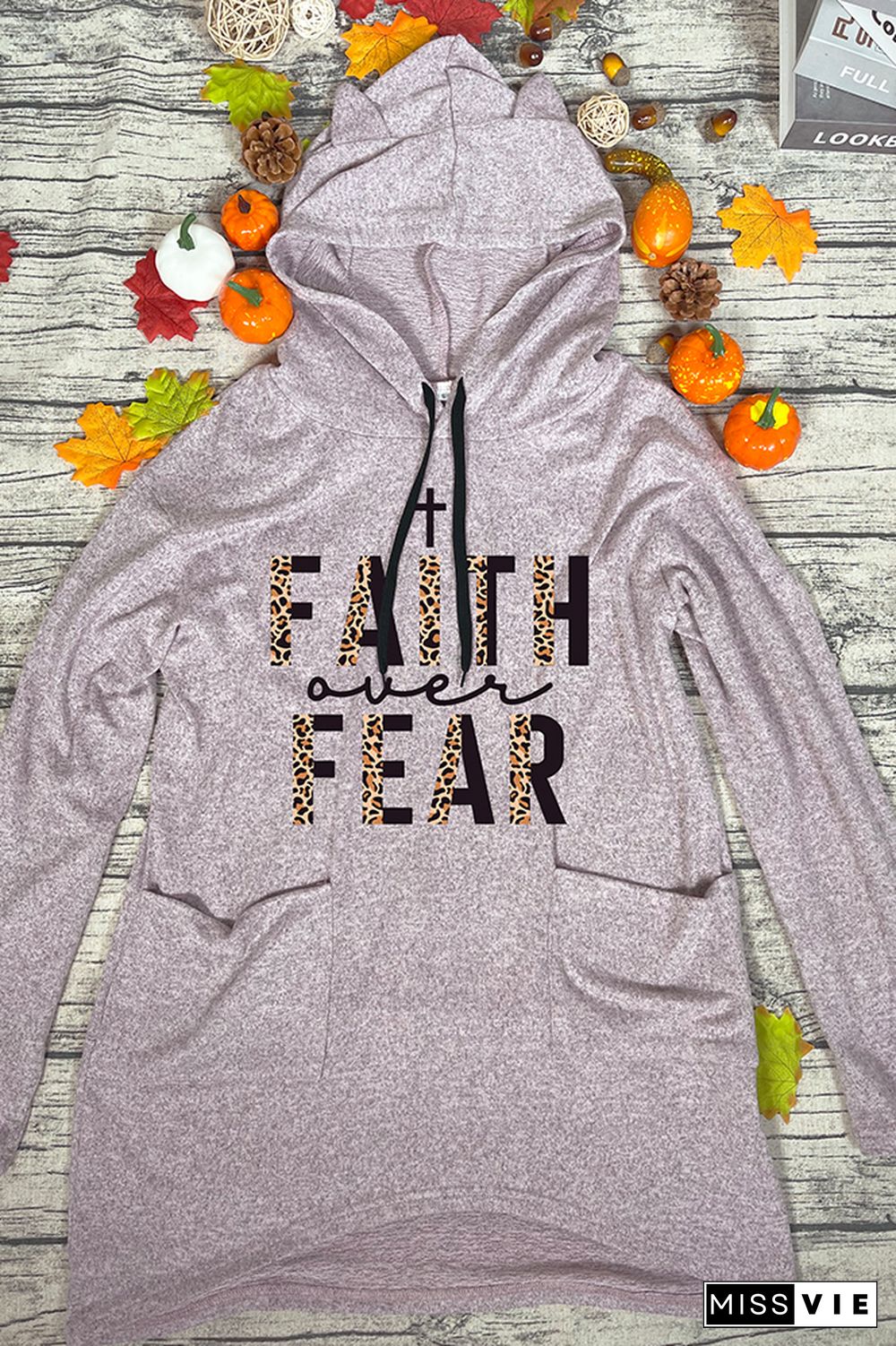 Faith Over Fear Half Leopard Black Print Pockets Hooded Dress Wholesale