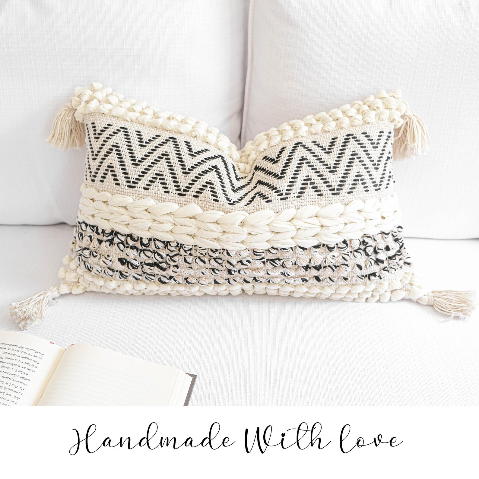 a boho textured lumbar throw pillow 12x20, cream and black color pillow cover (1 piece, cover only)