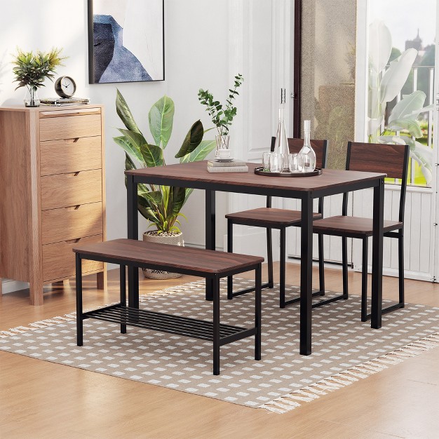 Homcom Industrial 4 Piece Dining Room Table Set With Bench Wooden Kitchen Table And Chairs W Storage Rack For Kitchen Dinette Black brown