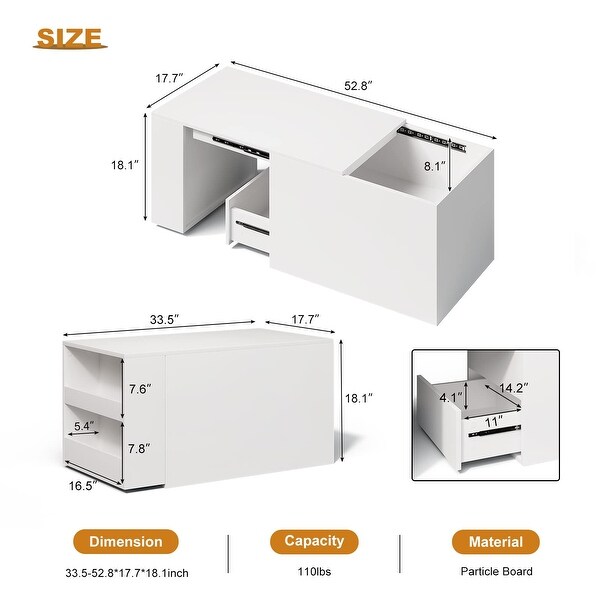 Coffee Table with Hidden Sliding Storage Drawer，Extendable Coffee Table， Modern Coffee Desk for Living Room Reception Room，White