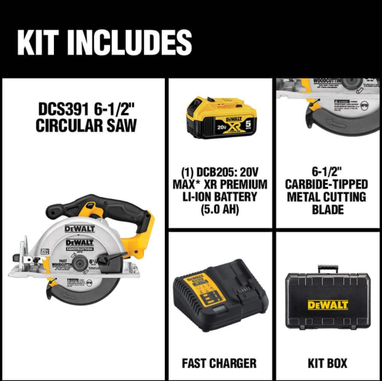 DEWALT DCS391P1 20-Volt MAX Cordless 6-1/2 in. Circular Saw with (1) 20-Volt Battery 5.0Ah and Charger