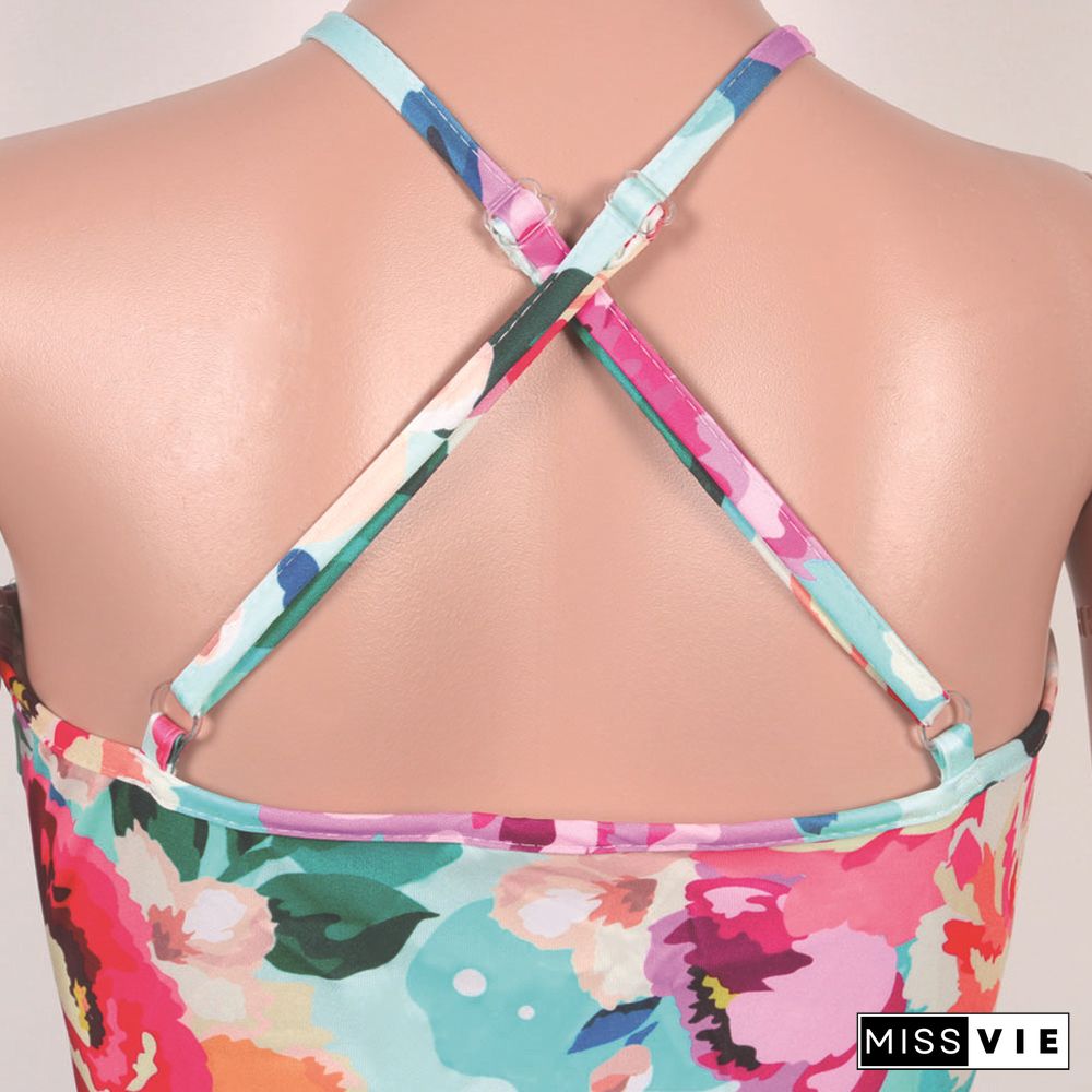 Women Holiday Floral Print V Neck Sleeveless Summer Bandage Beach Halter Neck Skinny Rompers