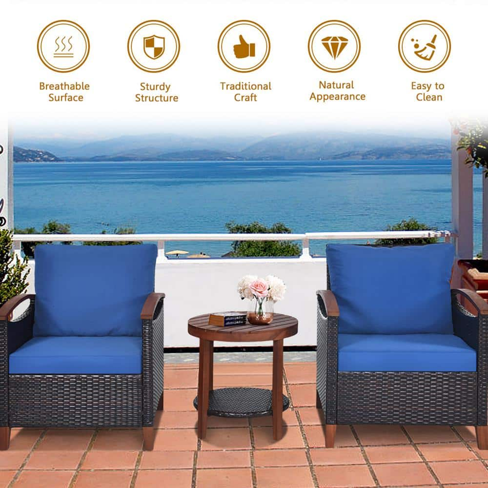 Gymax 3-Pieces Patio Wicker Rattan Conversation Set Outdoor Furniture Set with Blue Cushion GYM05057