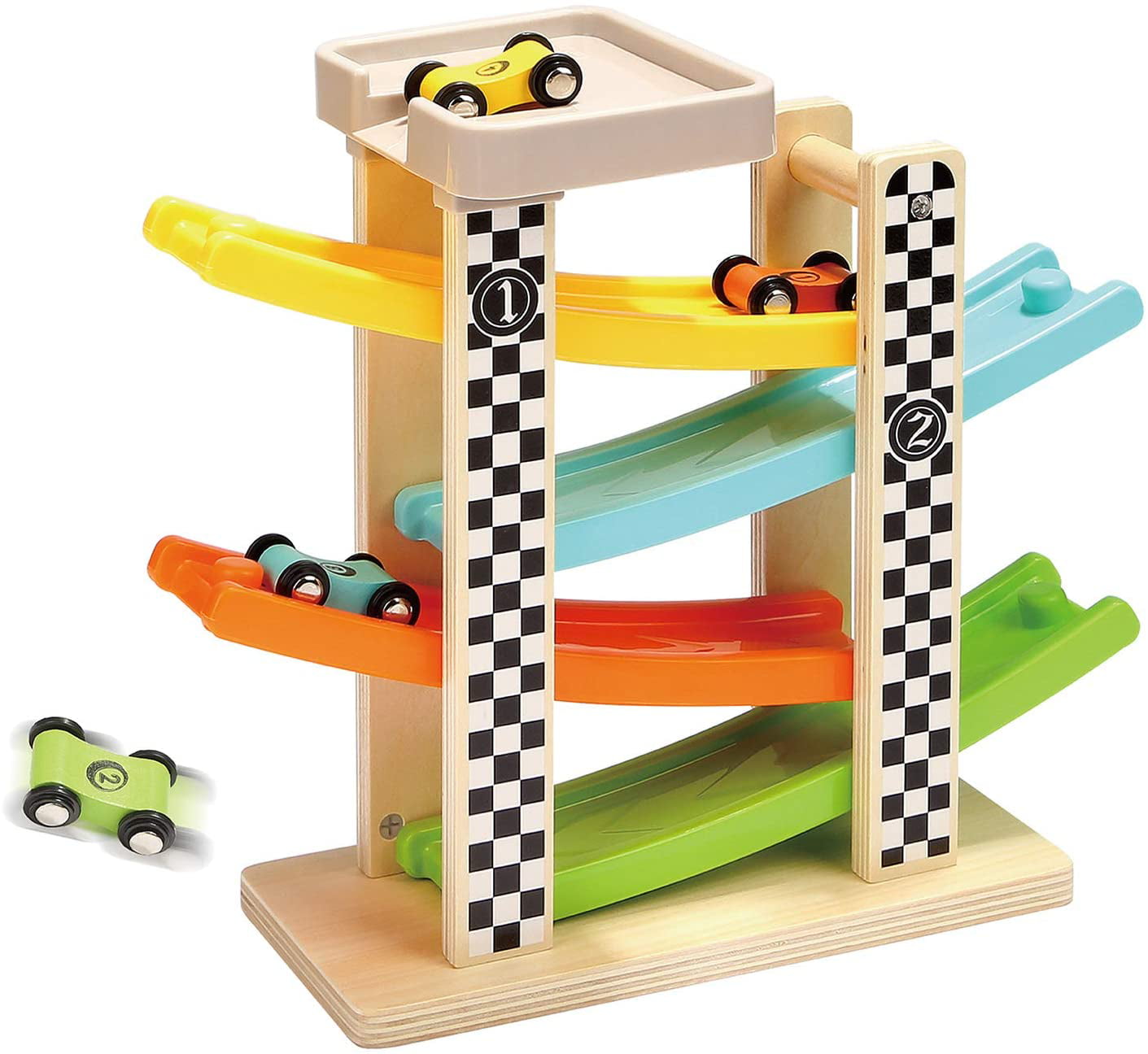 TOP BRIGHT Toddler Toys For 1 2 Year Old Boy And Girl Gifts Wooden Race Track Car Ramp Racer With 4 Mini Cars