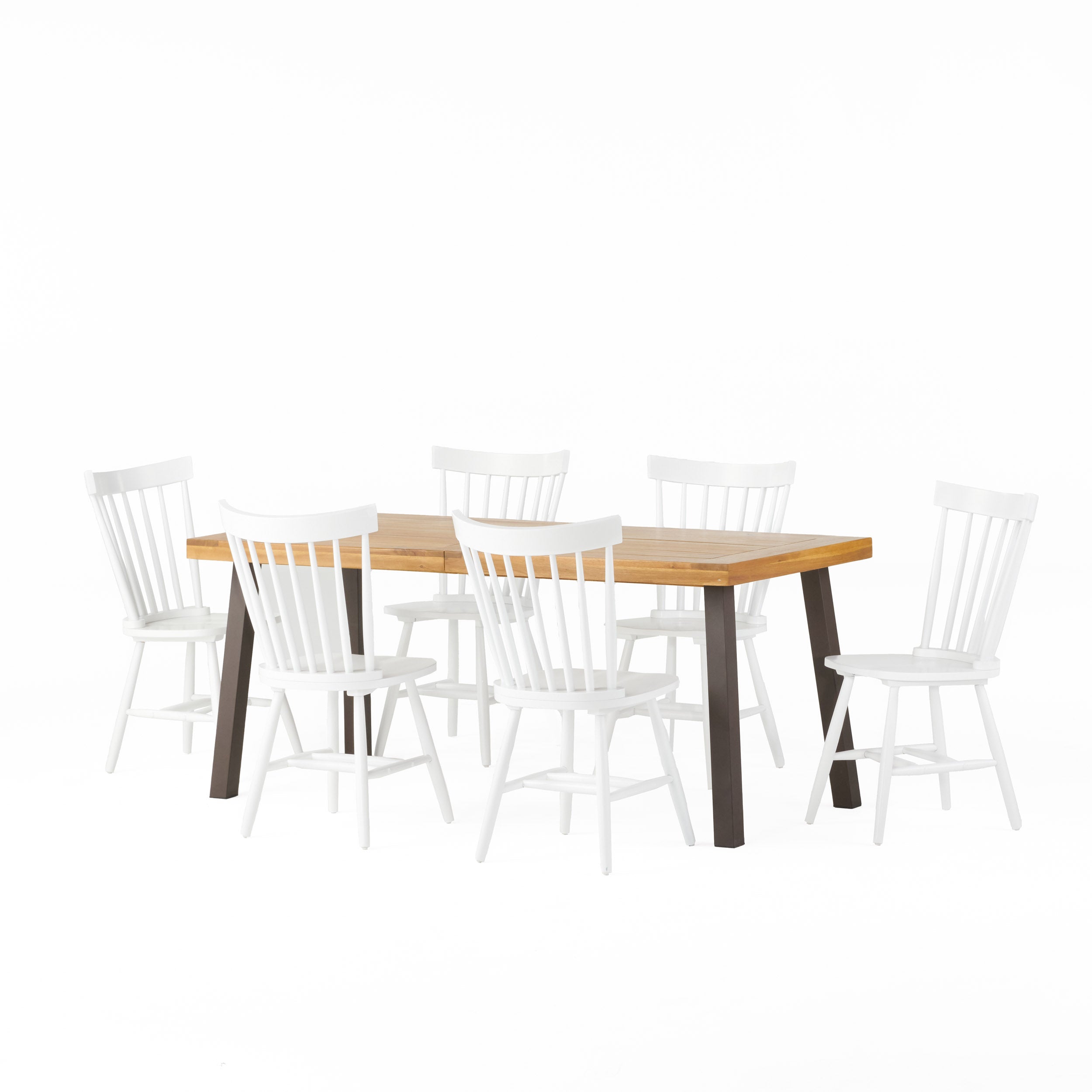 Stocker Farmhouse Wood and Iron 7 Piece Dining Set, Natural, Rustic Metal, and White