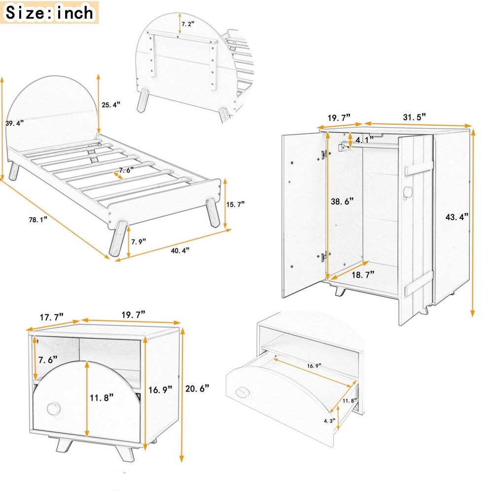 3 Pieces Bedroom Sets Twin/Full Size Platform Bed with Nightstand and Wardrobe