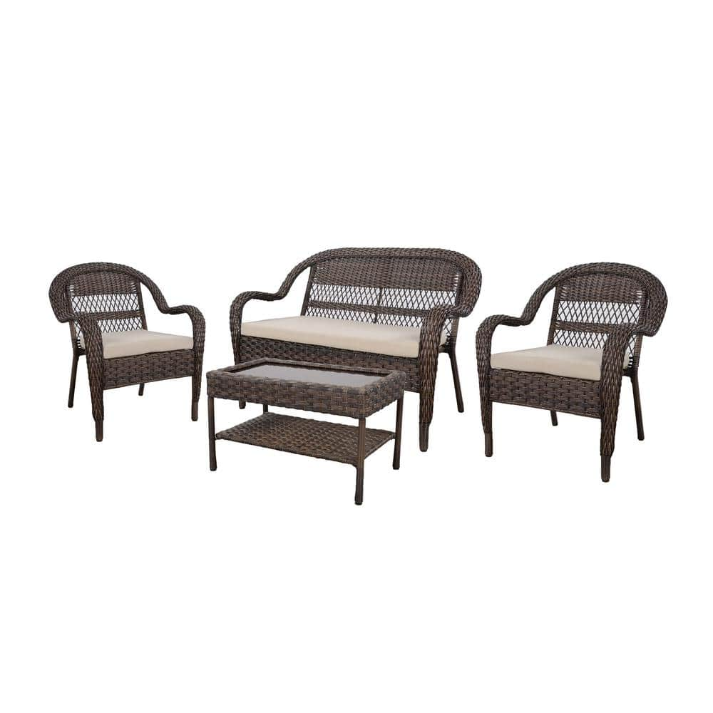 StyleWell Mix and Match Brown Wicker Outdoor Patio Loveseat with Beige Cushions 65-183363