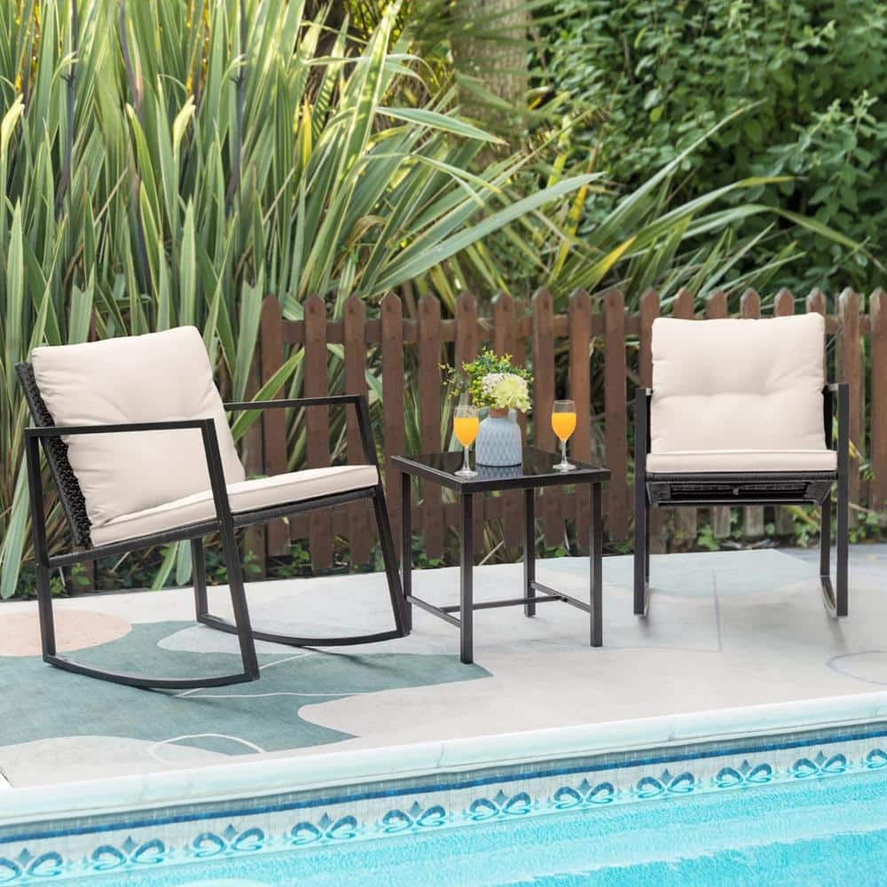 Tozey Black 3-Pieces Metal Wicker Outdoor Rocking Chair Bistro Conversation Set with White Cushions T-LCRC943RBK