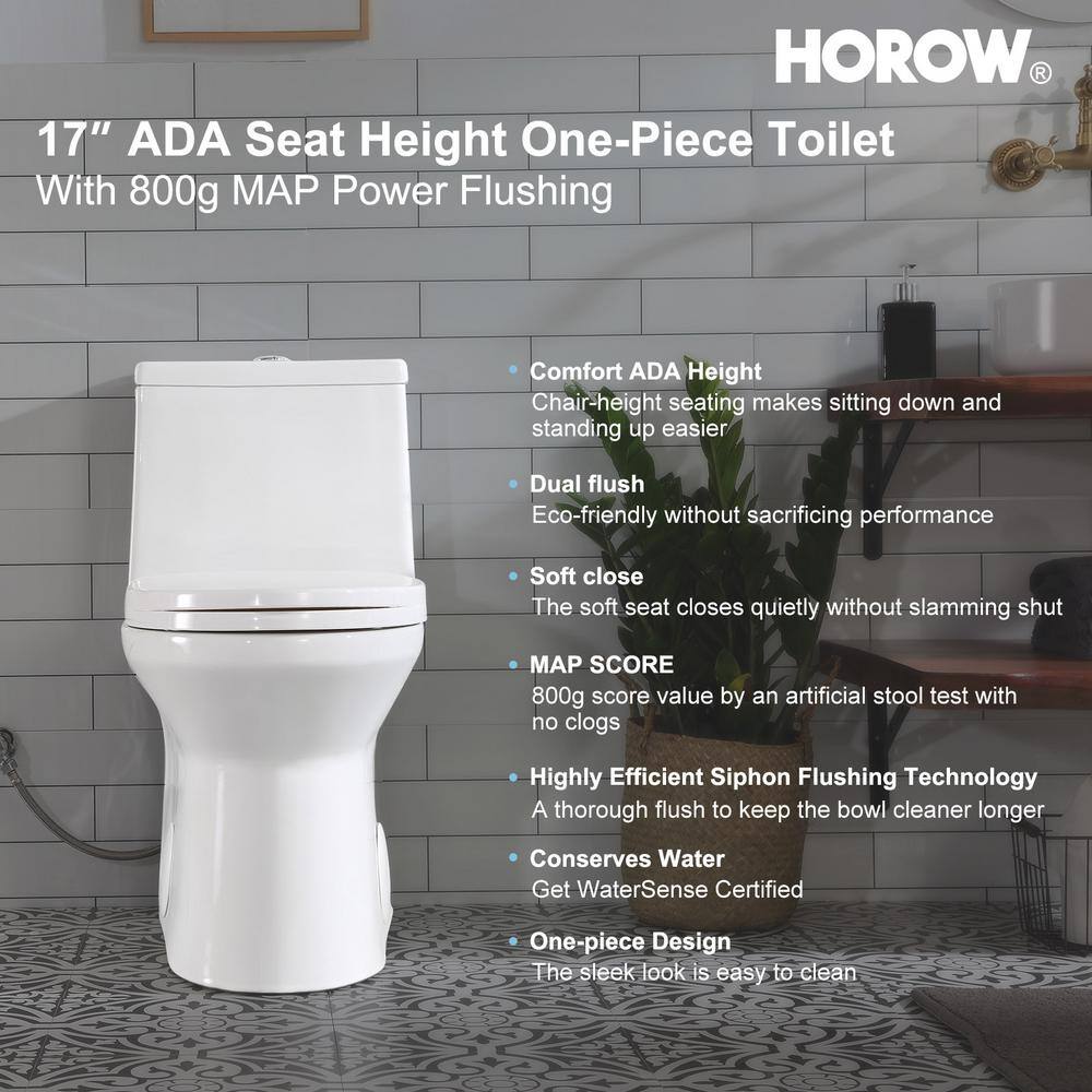 HOROW 1-piece 0.8 GPF1.28 GPF High Efficiency Dual Flush Elongated Toilet in. White Soft-Close Seat Included ADA Height HR-0138