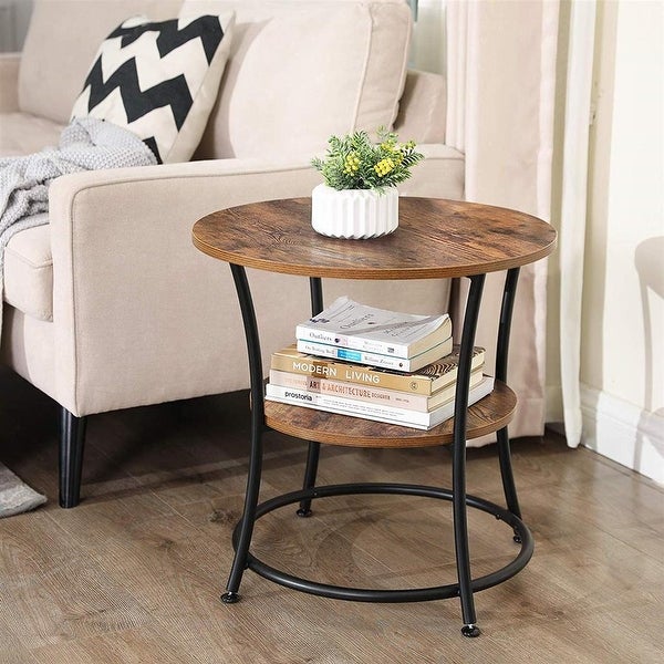 Side Table， Round End Table with 2 Shelves， Living Room， Bedroom， Easy Assembly， Metal， Industrial Design， Rustic Brown