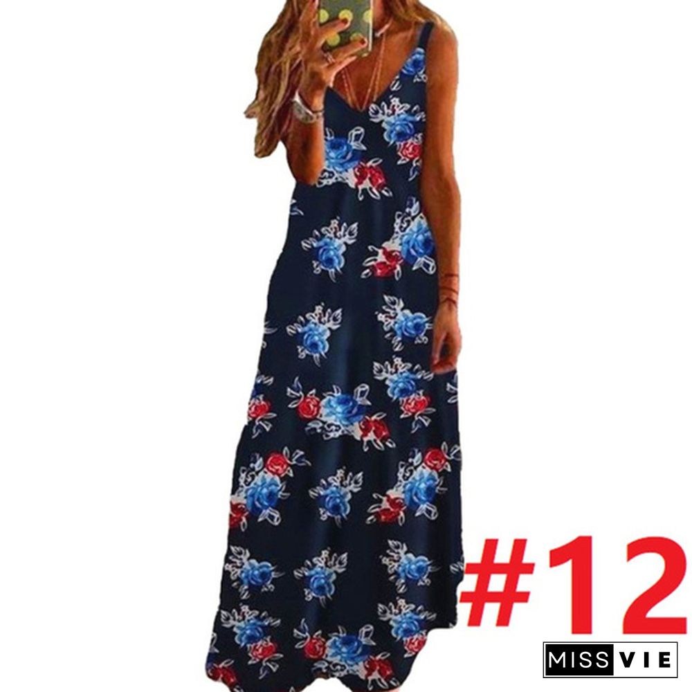 Women's Fashion Summer Sleeveless Floral Printing Sling Dress Deep V-Neck Slim Fit Big Swing Skirts Loose Casual Long Maxi Dresses Ladies Plus Size Party Dresses