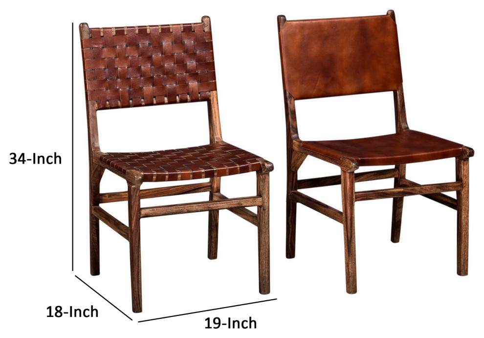 Benzara BM286399 Set of 2 Wood Dining Chairs  Leather Woven Back  ampSeat  Brown   Transitional   Dining Chairs   by Uber Bazaar  Houzz