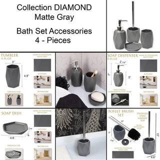 Diamond 4-Pieces Bath Accessory Set with Soap Pump Tumbler Soap Dish and Toilet Brush Holder in Stoneware Grey SET4DIAMOND6180181