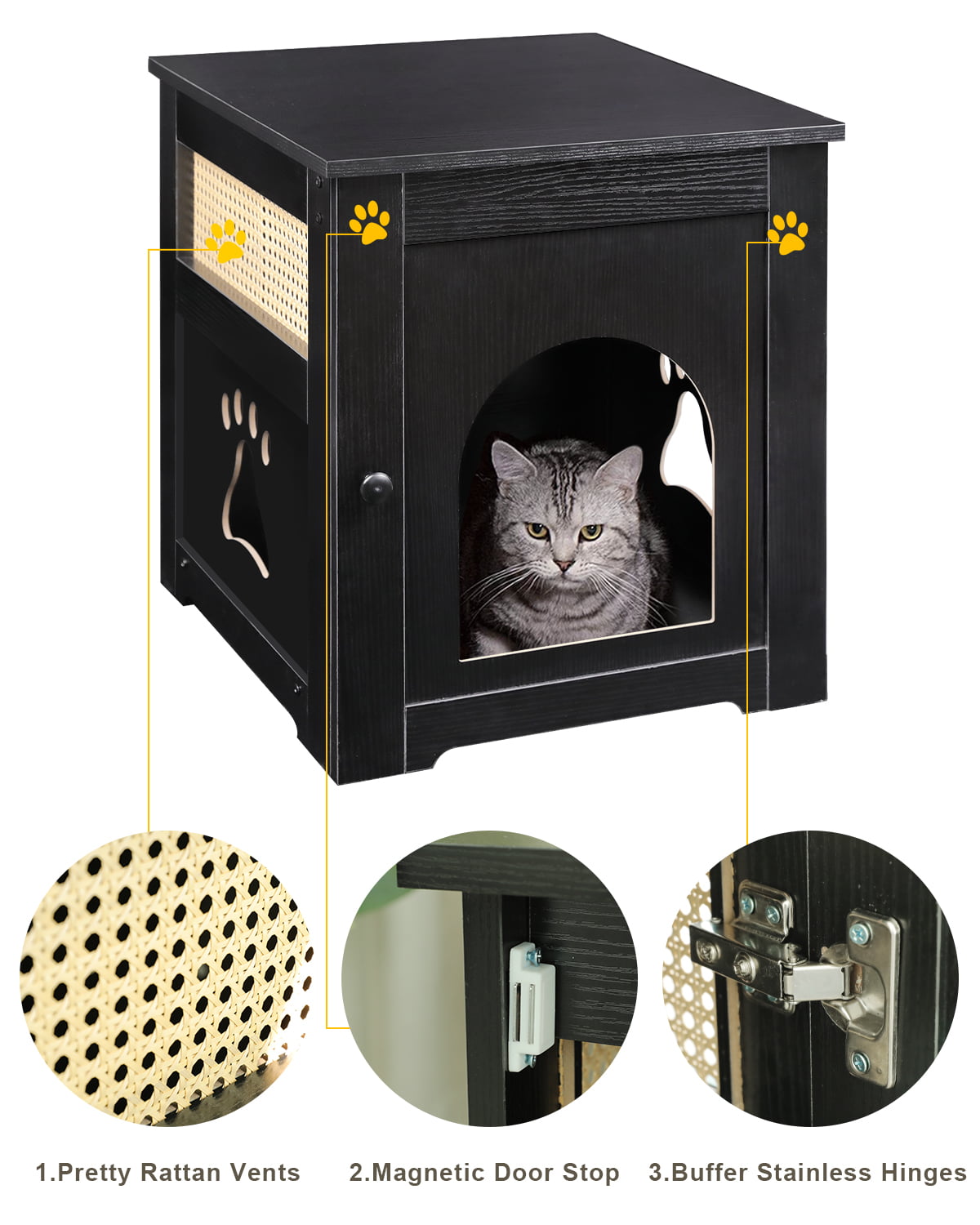 Cat Litter Box - Home Decorative Cat House and Side Table - Cat Home Nightstand - Indoor Pet Crate - Litter Box Enclosure - Hooded Hidden Pet Box - Cats Furniture Cabinet - Kitty Washroom - Black