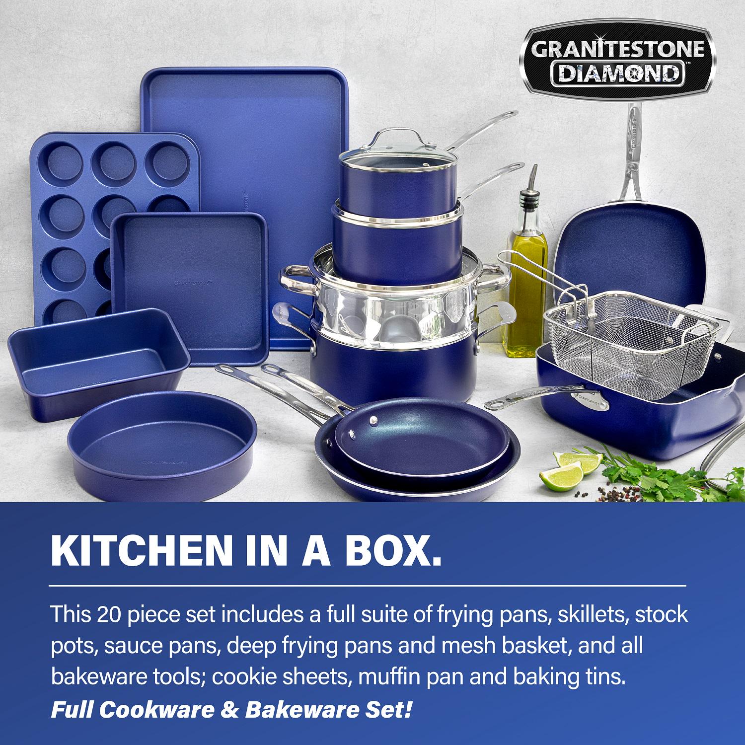 Granite Stone Blue 20 Piece Pots and Pans Set， Nonstick Cookware and Bakeware Set