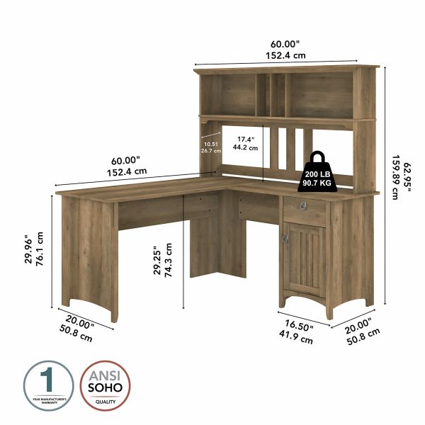 Bush Furniture Salinas 60W L Shaped Desk with Hutch in Reclaimed Pine