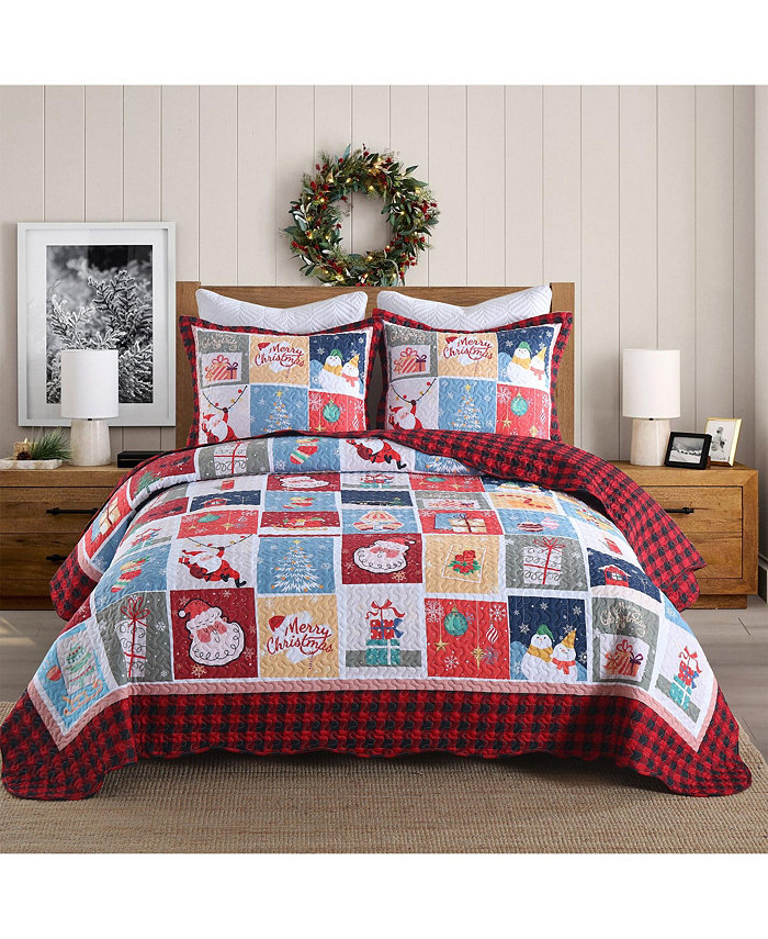 MarCielo 3 Pcs Festive Christmas Quilt Bedspread Set Holiday Bedding for Your Bedroom - Queen