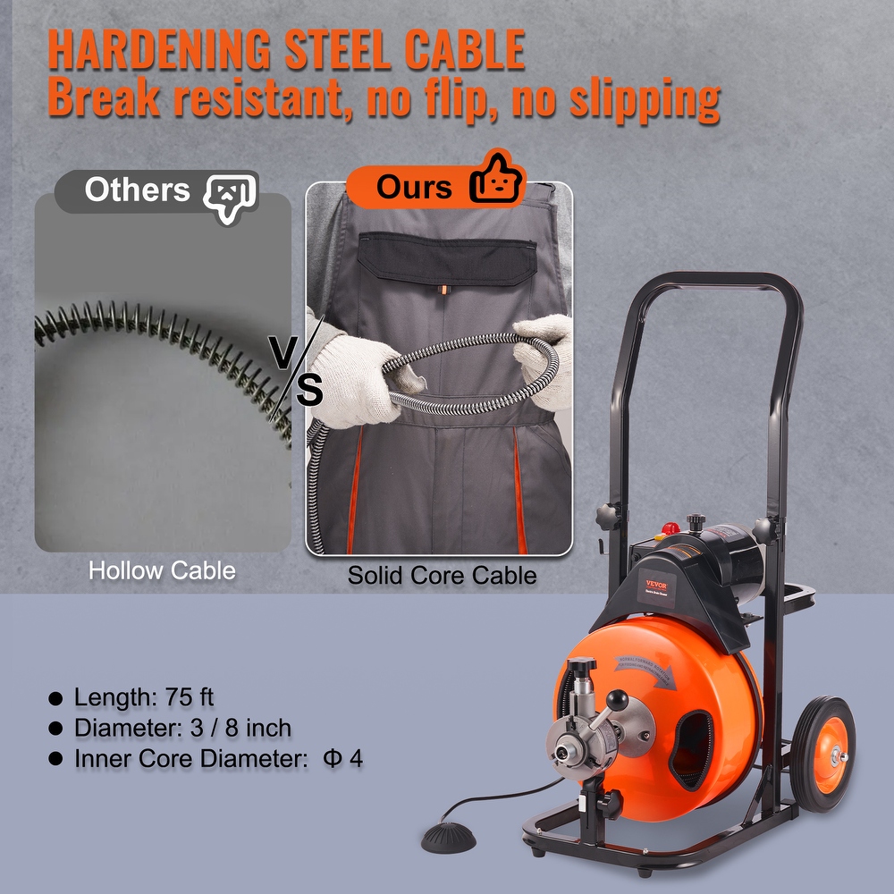 VEVOR 1800rpm Drain Cleaning Machine Sewer Auger Auto Feed with 4 Cutter Air activated Foot Switch for 1\