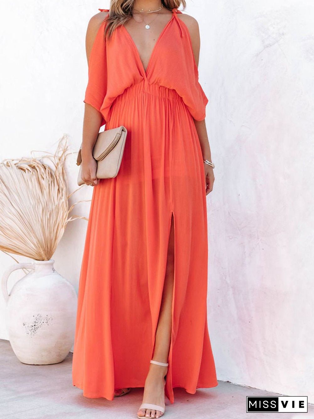 Women'S Dresses V-Neck Straps Off-Shoulder Slit Dress