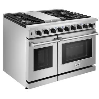 Thor Kitchen Pre-Converted Propane 48 in. 6.8 cu. ft. Double Oven Gas Range in Stainless Steel with Griddle and 6-Burners LRG4807ULP