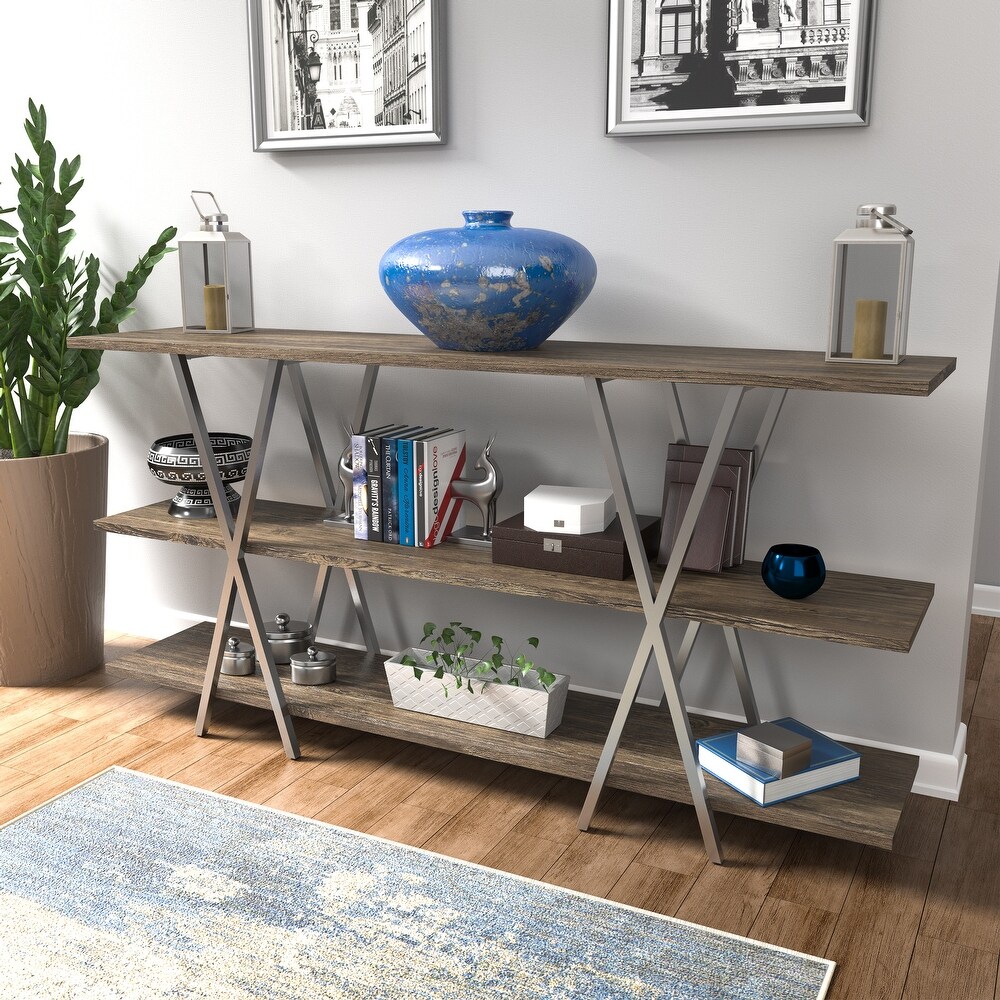 Kent Contemporary Oak Steel 2 Shelf Console Table by Furniture of America