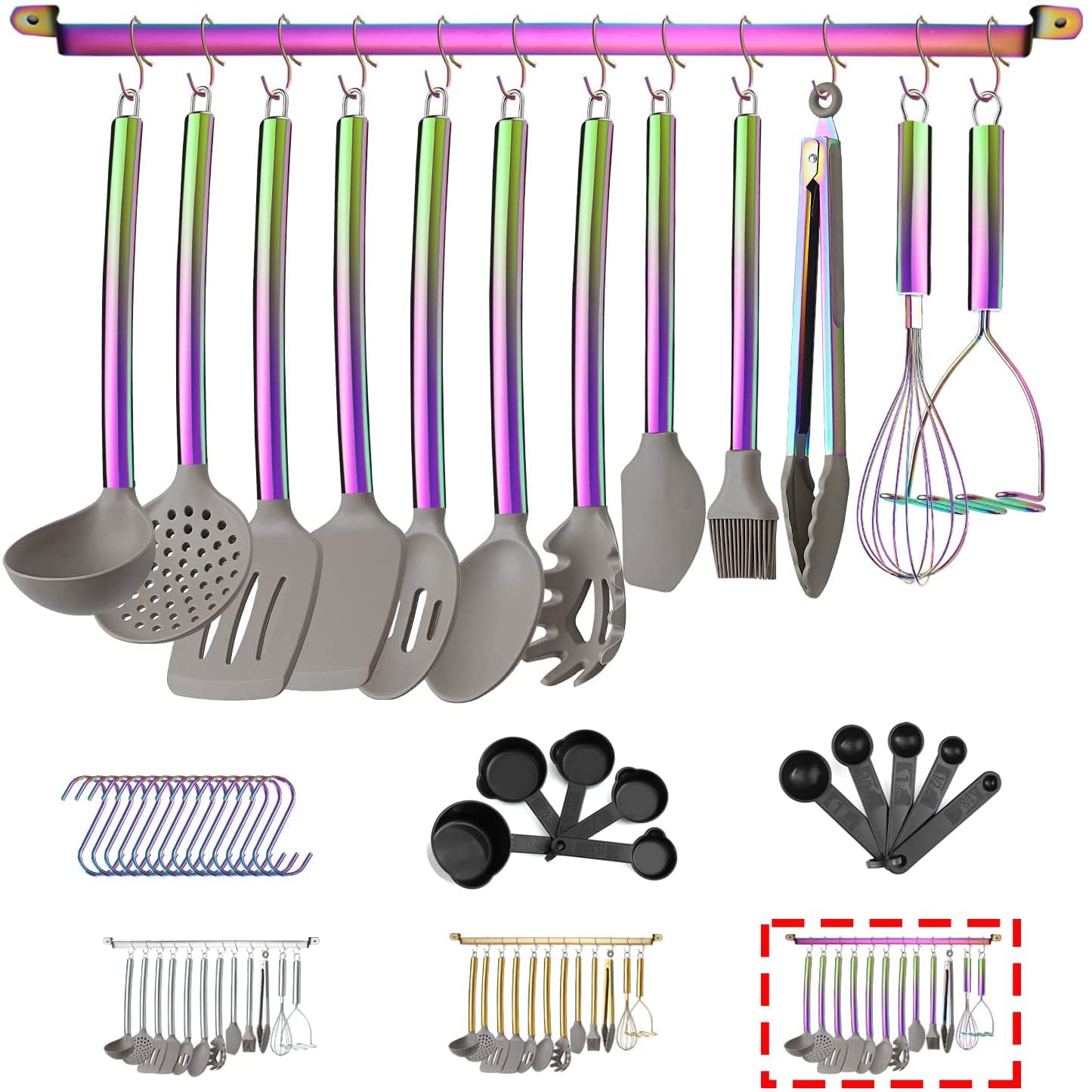 Just Houseware 38 Pcs Silicone Kitchen Cooking Utensil Setwith Utensil Rack, Food Grade Silicone Spatula Set, Non-stick Heat Resistant Silicone Cookware with Strong Stainless Steel Handle(Rainbow)