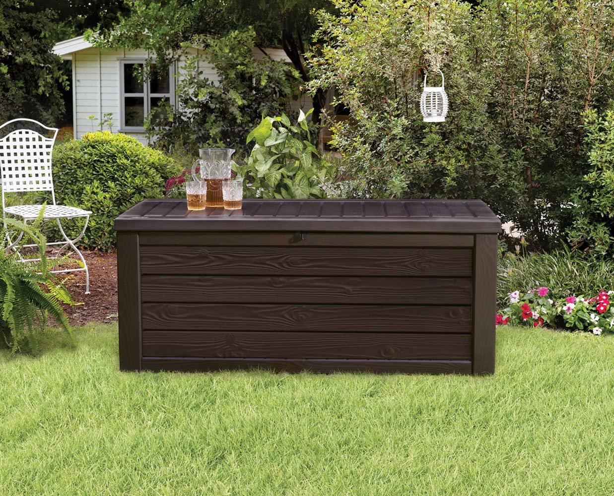 Keter Westwood 150 Gallon Resin Large Deck Box-Organization and Storage for Patio Furniture, Outdoor Cushions, Garden Tools and Pool Toys, Brown