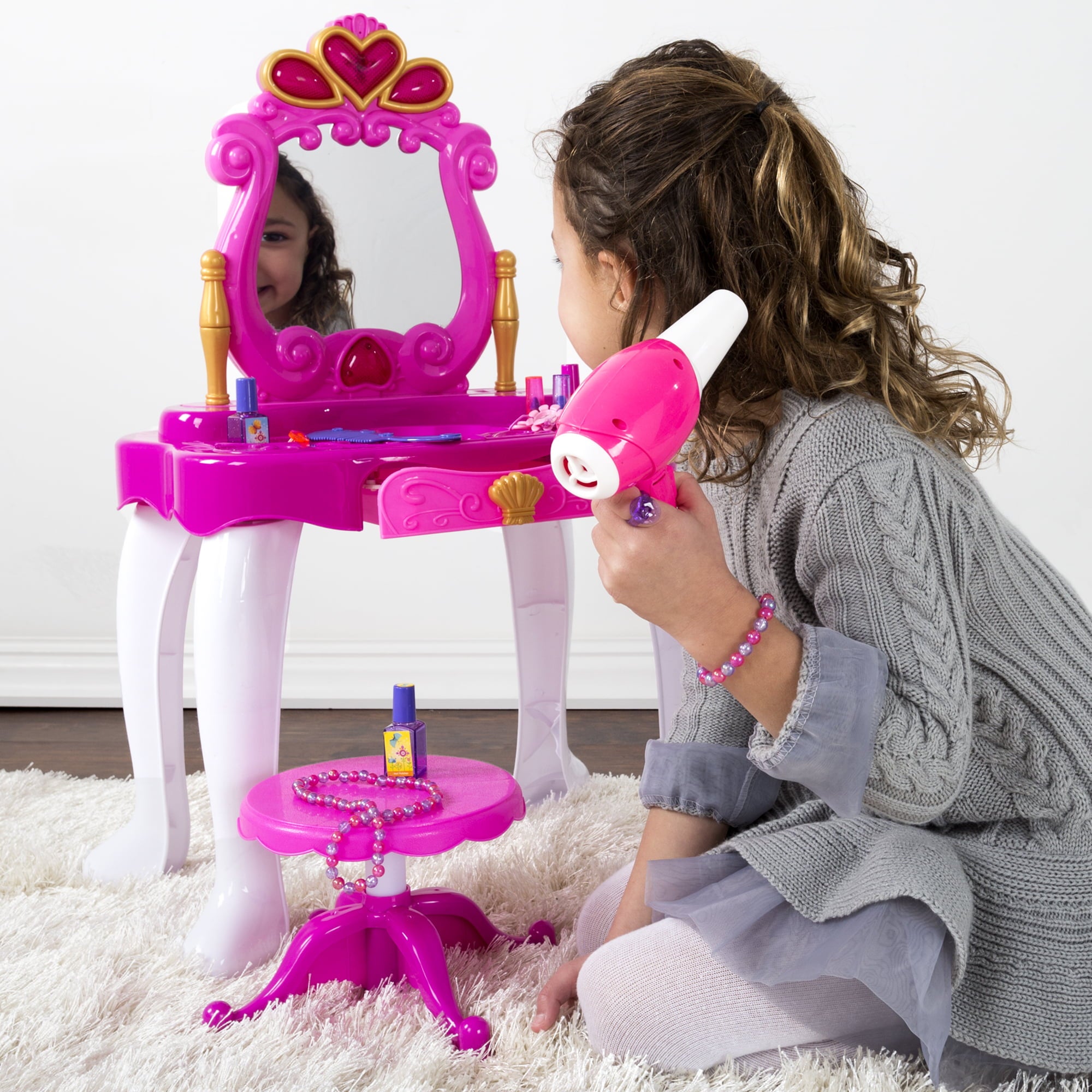 Pretend Play Princess Vanity with Stool， Accessories， Lights， Sounds by Hey! Play!