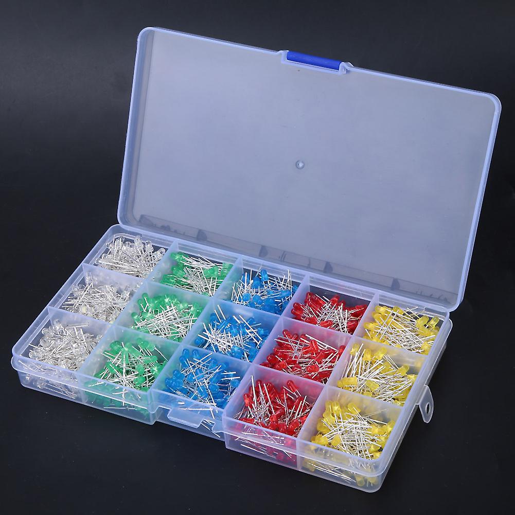 1000Pcs Assorted Color Red/Yellow/Blue/Green/White 3mm LED Light Emitting Diode Kit Box